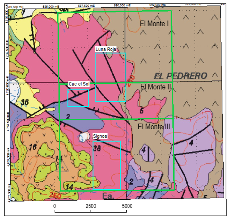 Figure 2, El Monte I, II and III property boundaries relative to regional geology. The El Monte III property is home to the Signos projects whereas the El Monte I and II properties are home to the Luna Roja Project.