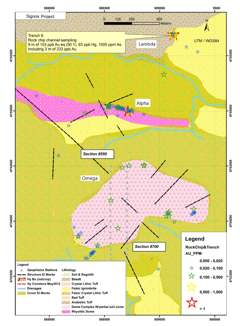 Figure 3, Signos Geology with three principal mineralized zones, Lambda, Alpha and Omega.