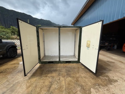 Military-grade ISU storage container used for secure outdoor storage in Hawaii weather conditions