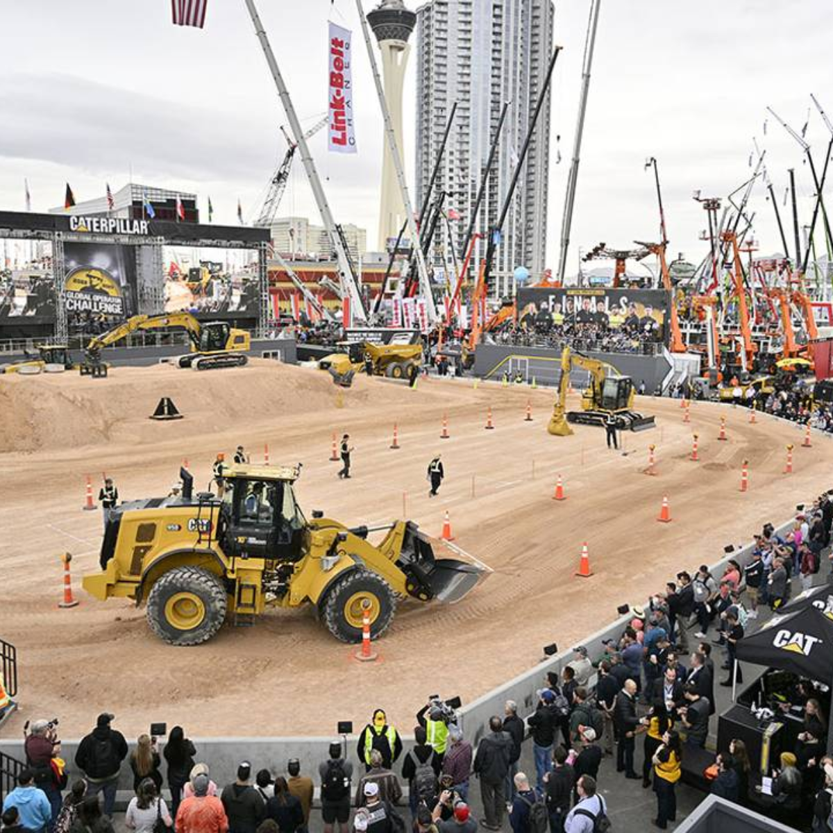 Construction trade show in Las Vegas showcasing heavy equipment demonstrations at CONEXPO-CON/AGG