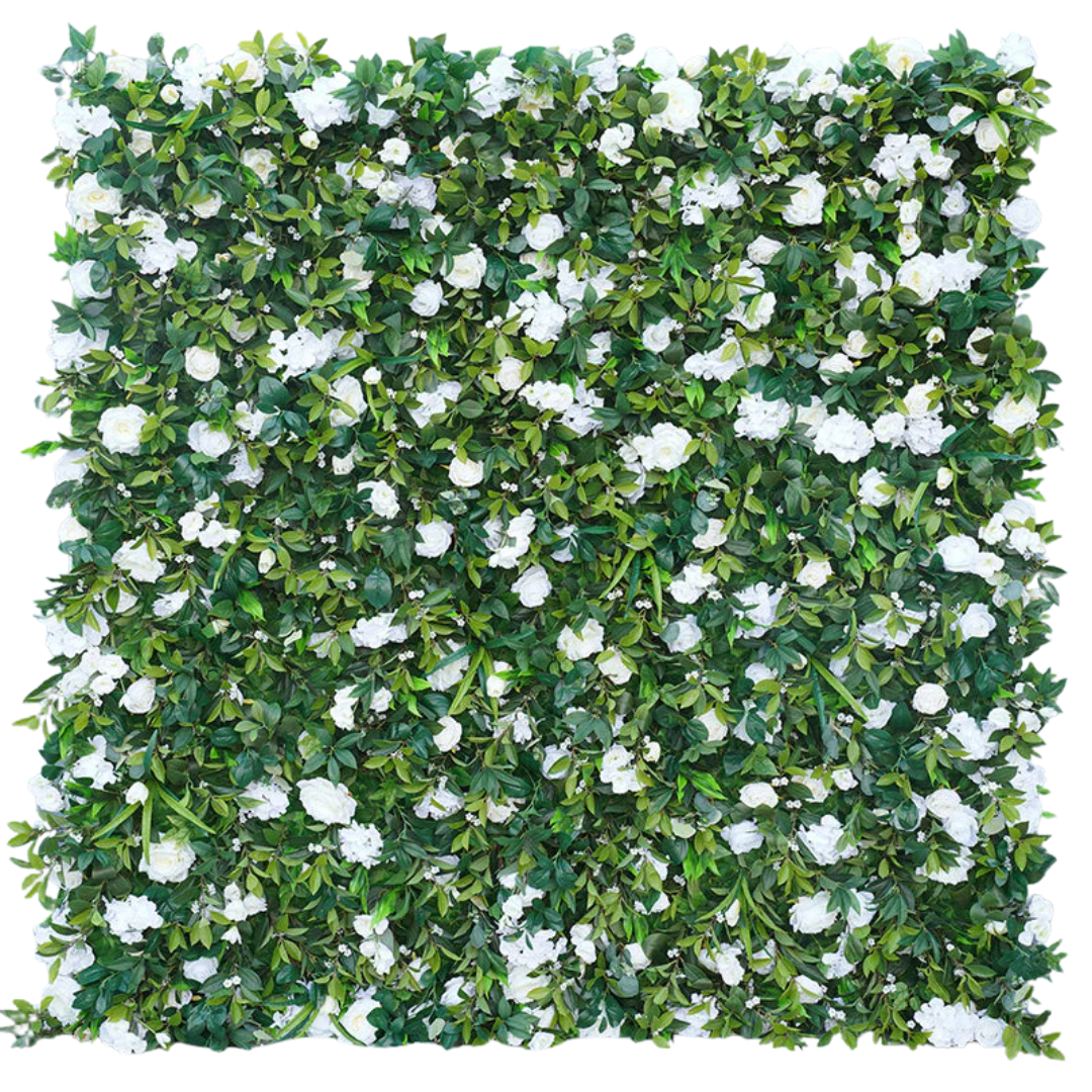 Green wall with white flowers.