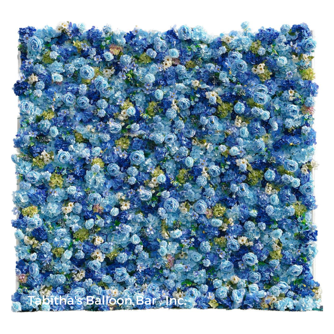 a wall of blue flowers on a white background