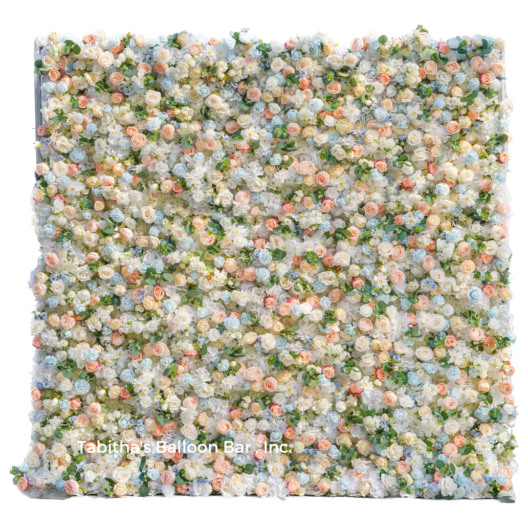 a wall of flowers and leaves on a white background .