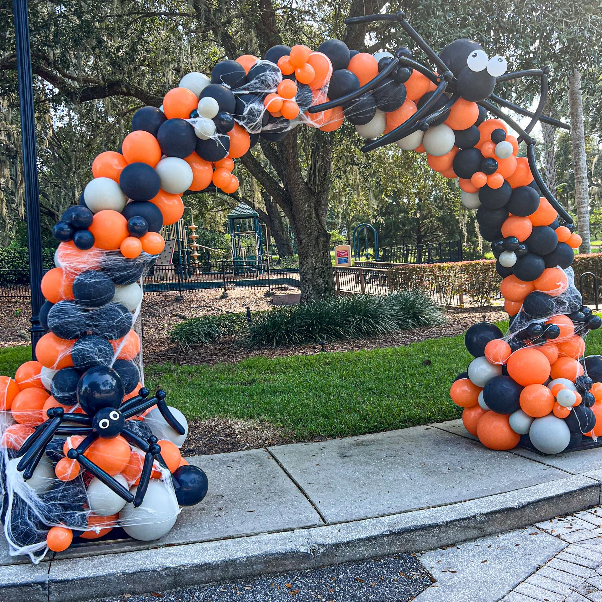 Halloween balloon arch with spiders in orange, black, white. Outdoors, arch over a sidewalk, grass, trees.