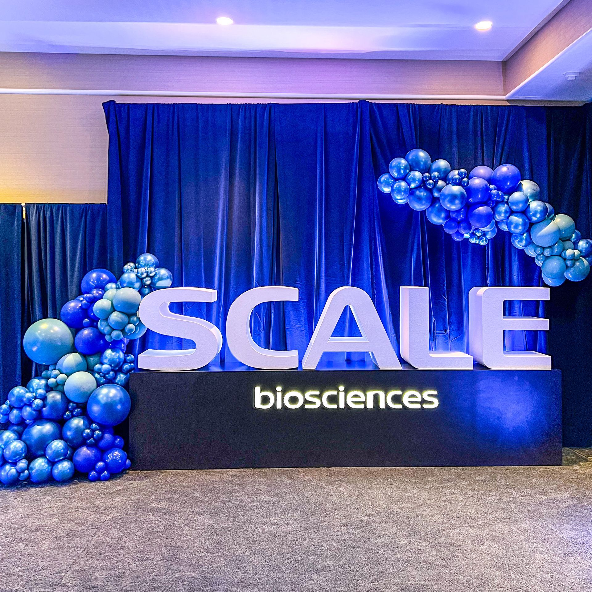 A sign that says scale biosciences is surrounded by blue balloons