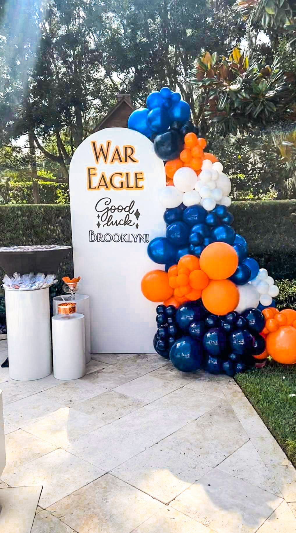war eagle good luck backdrop with orange blue and white balloons