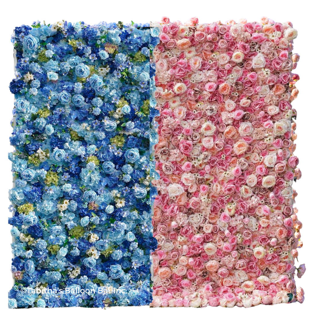 A wall of blue and pink flowers on a white background.
