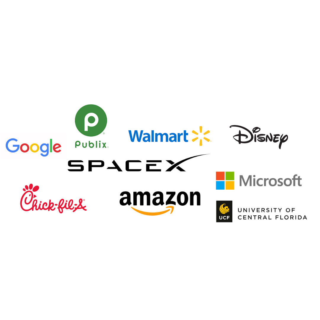 Logos of Google, Publix, Walmart, Disney, Chick-fil-A, SpaceX, Amazon, Microsoft, and University of Central Florida.