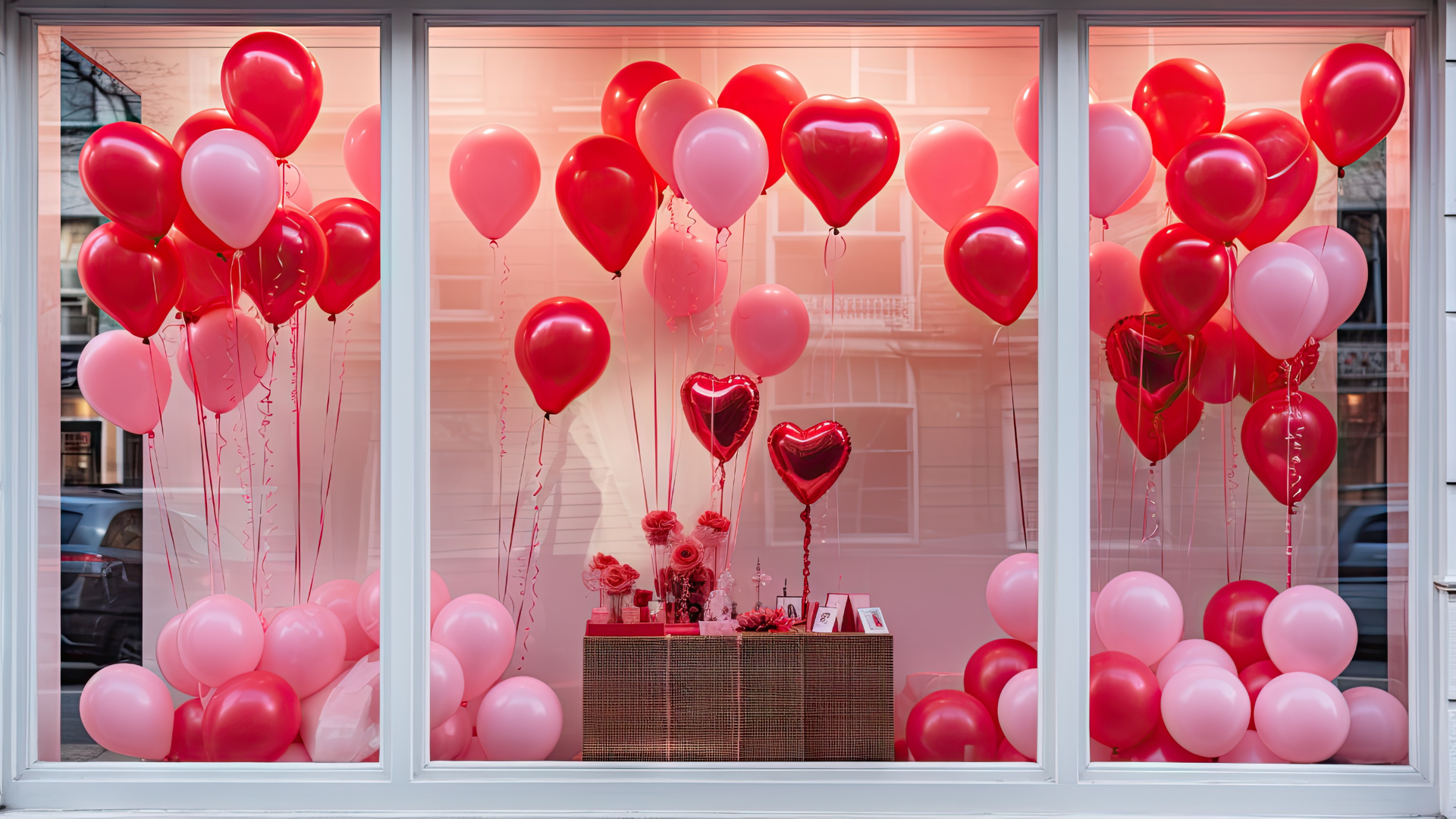 Valentine's Day shop window with red and pink balloons, a table with gifts, and decorative hearts.