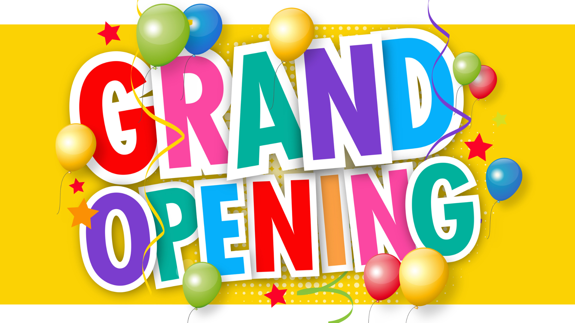 A colorful sign that says `` grand opening '' with balloons and confetti.