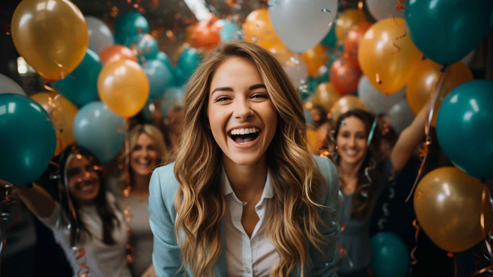 A woman is laughing in front of a crowd of people holding balloons.