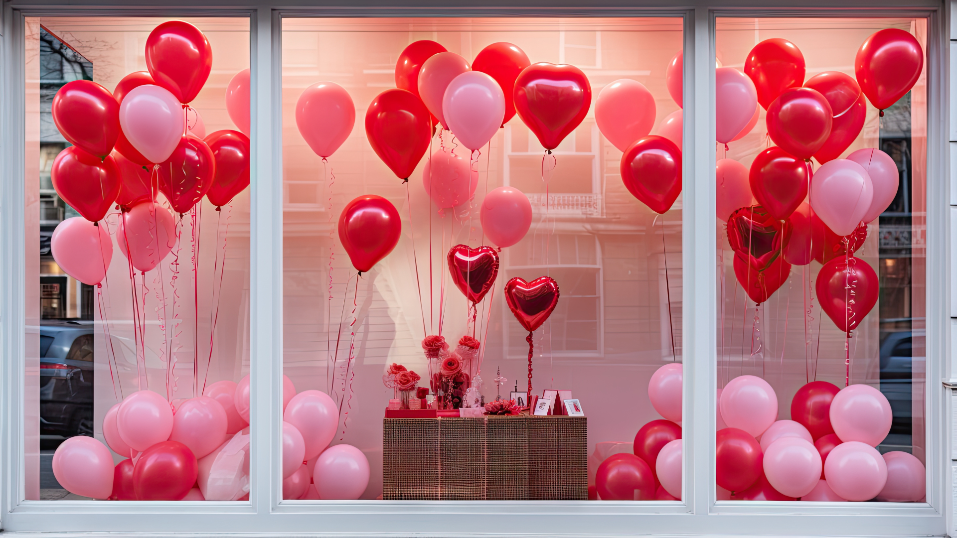 A store window decorated for valentine 's day with red and pink balloons in the shape of hearts.