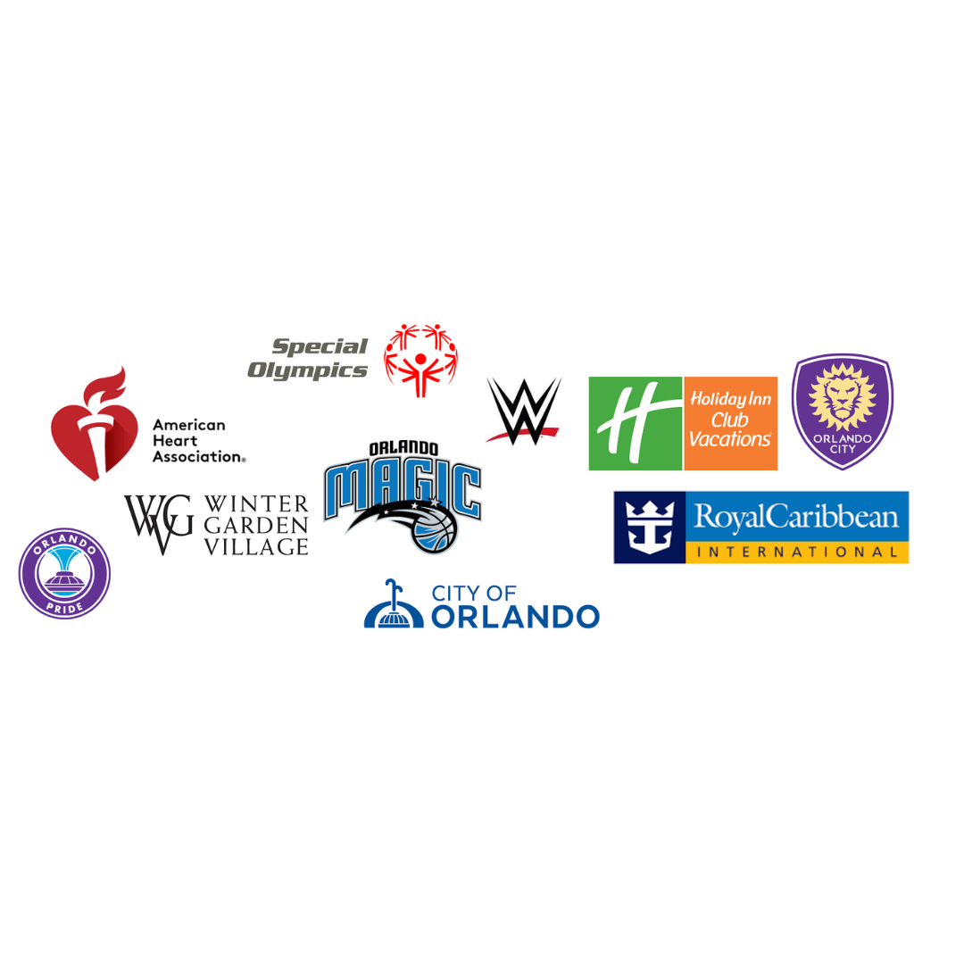 Logos of various organizations including American Heart Association, WWE, and City of Orlando.