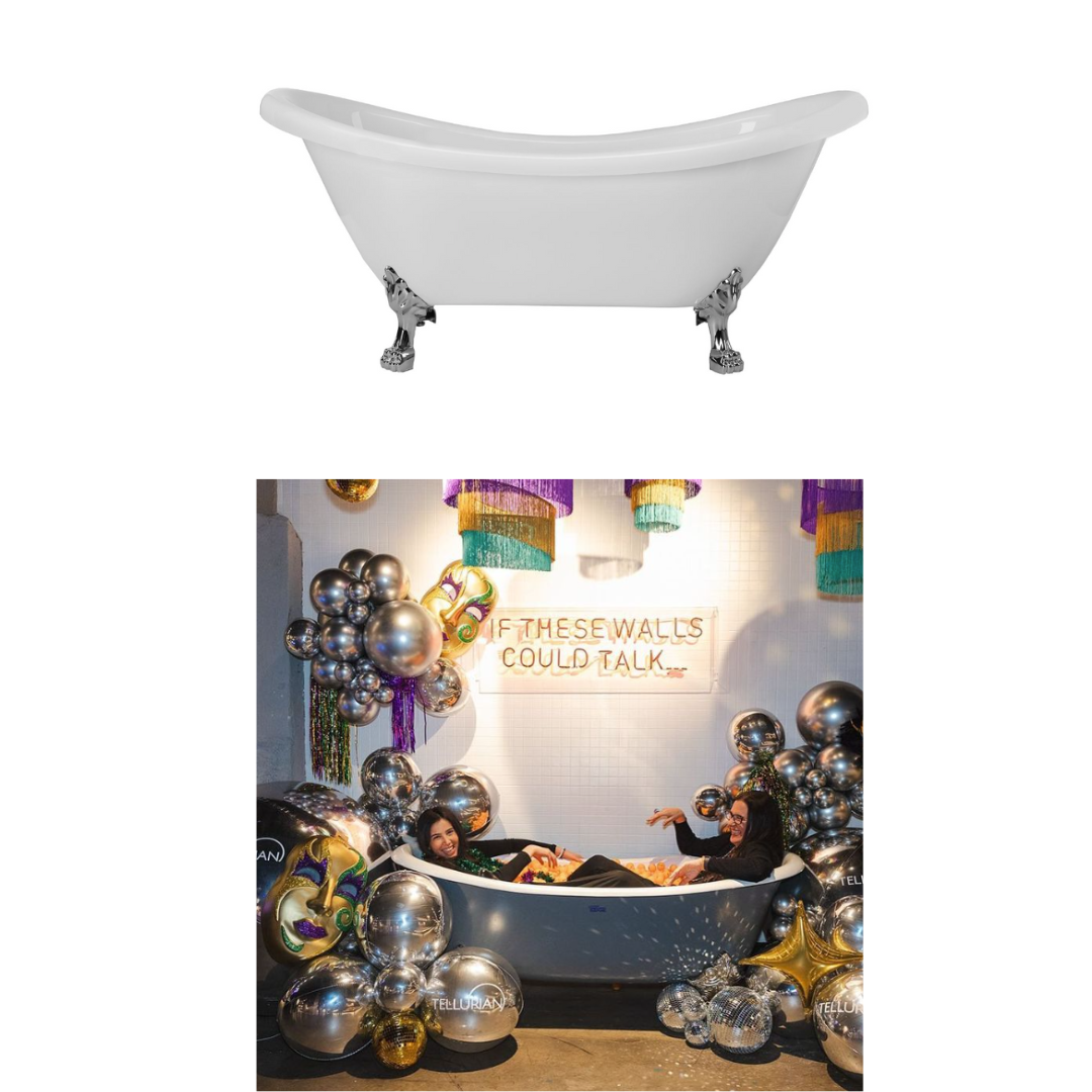 A white bathtub with a picture of a woman in it with balloons