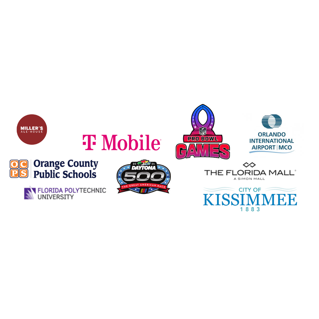 A group of logos including t mobile , orange county public schools , and kissimmee.