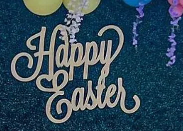 a wooden sign that says `` happy easter '' with balloons in the background .