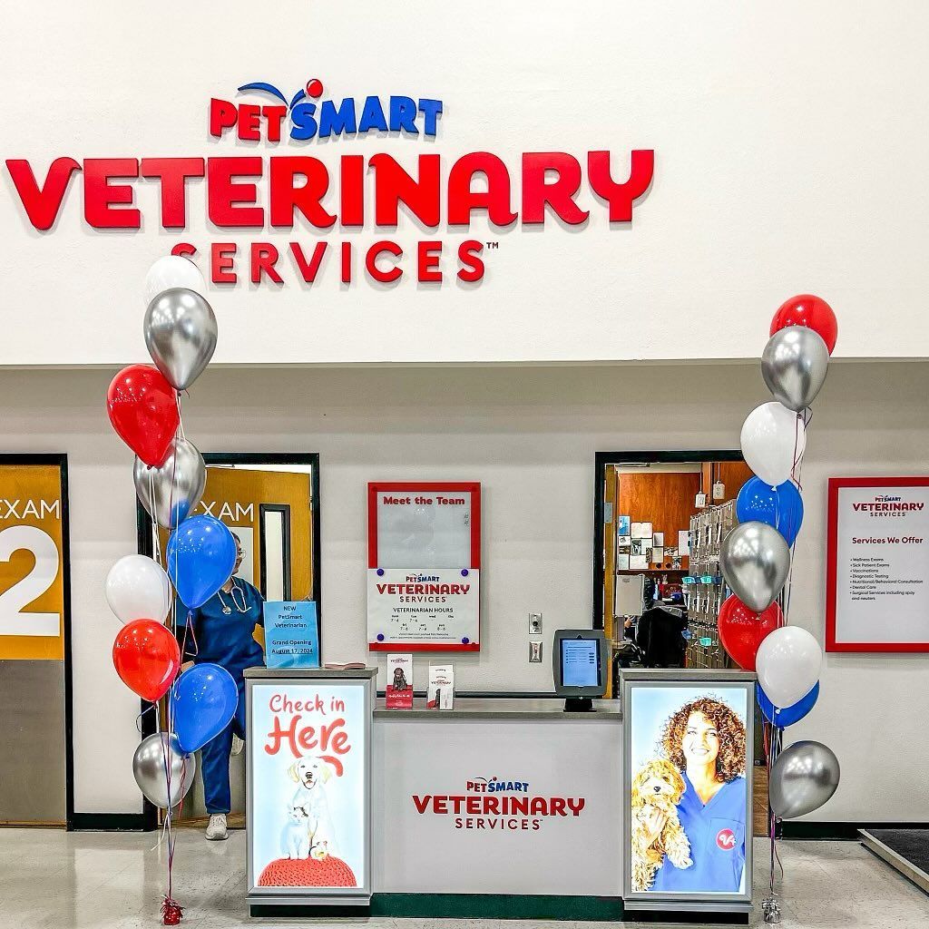 A petsmart veterinary services store with balloons hanging from the ceiling