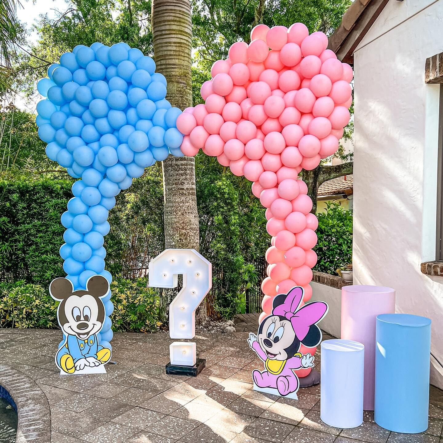 A mickey mouse and minnie mouse balloon arch for a gender reveal party.