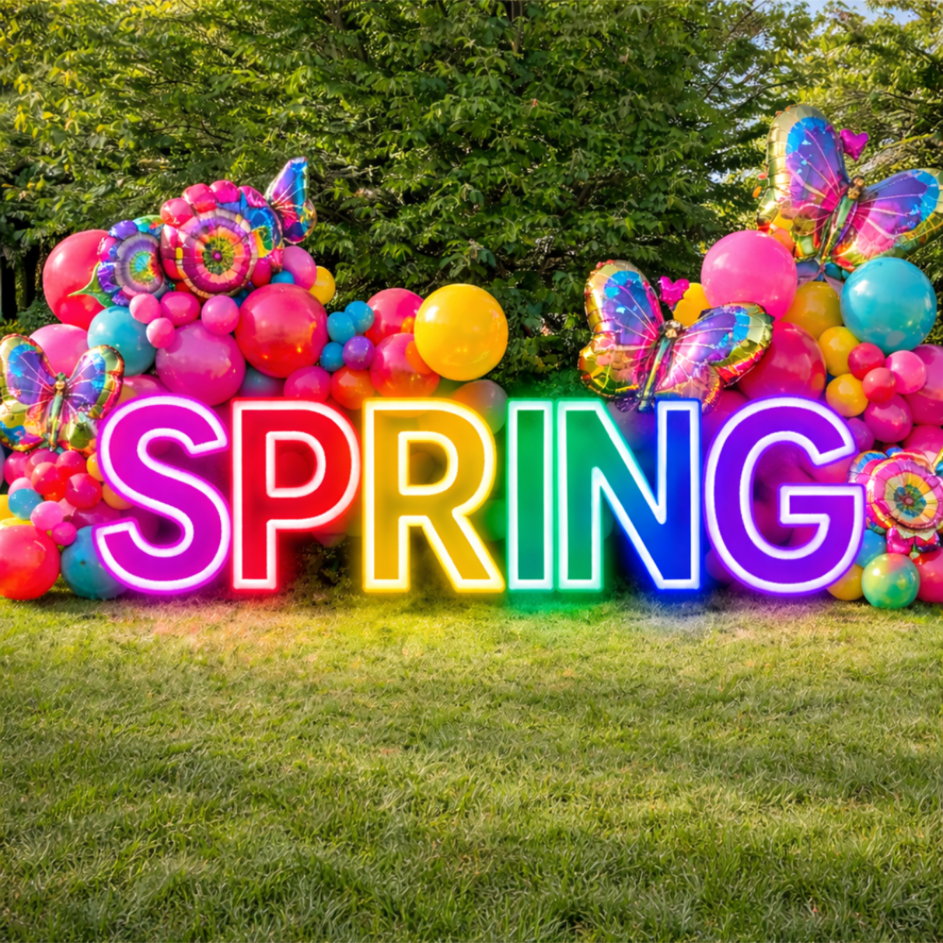 Red and pink heart-shaped balloon display against a white wall with fringe. A side table with flowers sits to the right.