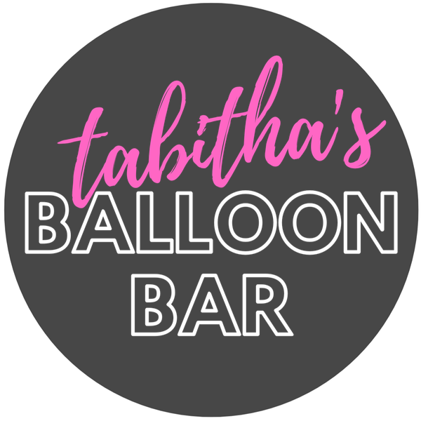 a logo for tabitha 's balloon bar with pink and white letters on a gray background .