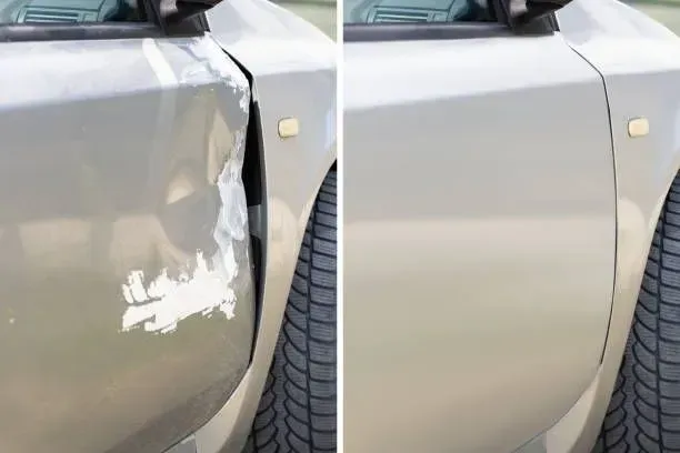 Car door before and after repair, showing a dent and scraped paint, then smooth, repainted surface.