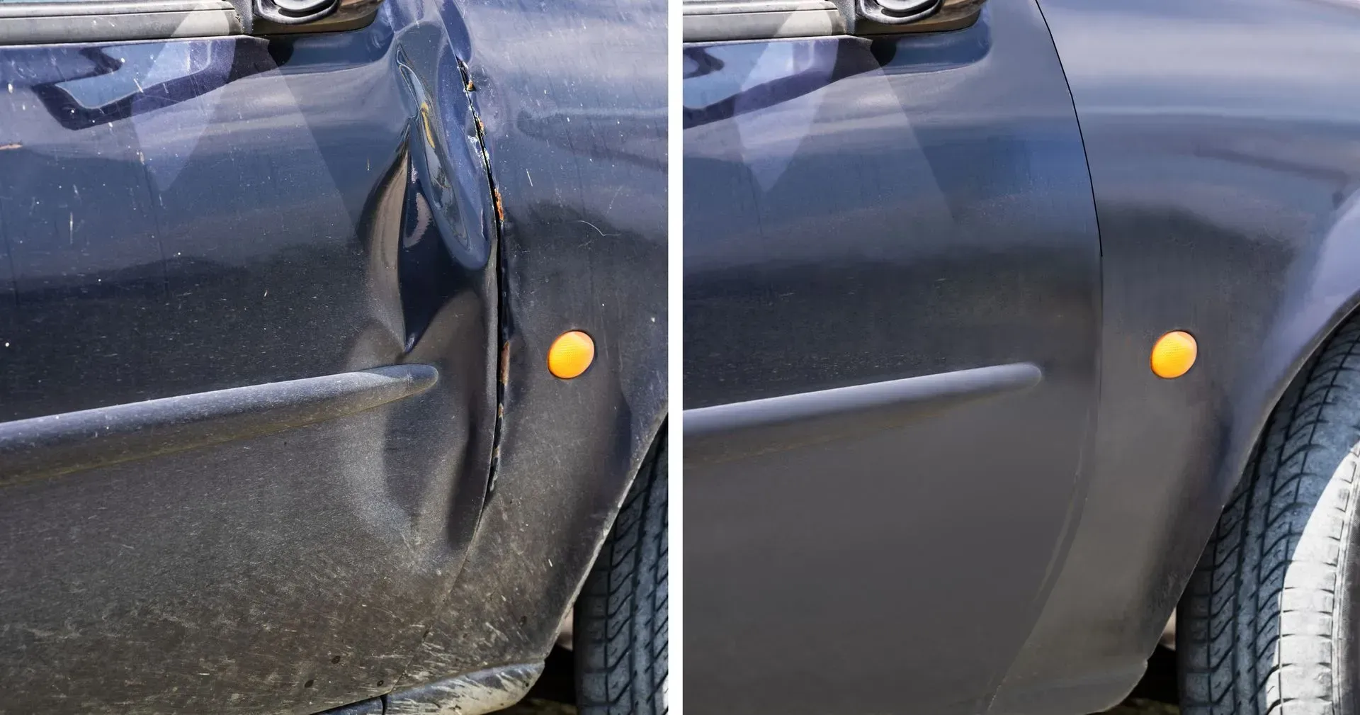 Car door with a large dent before and after repair. Dark blue car, yellow marker light.