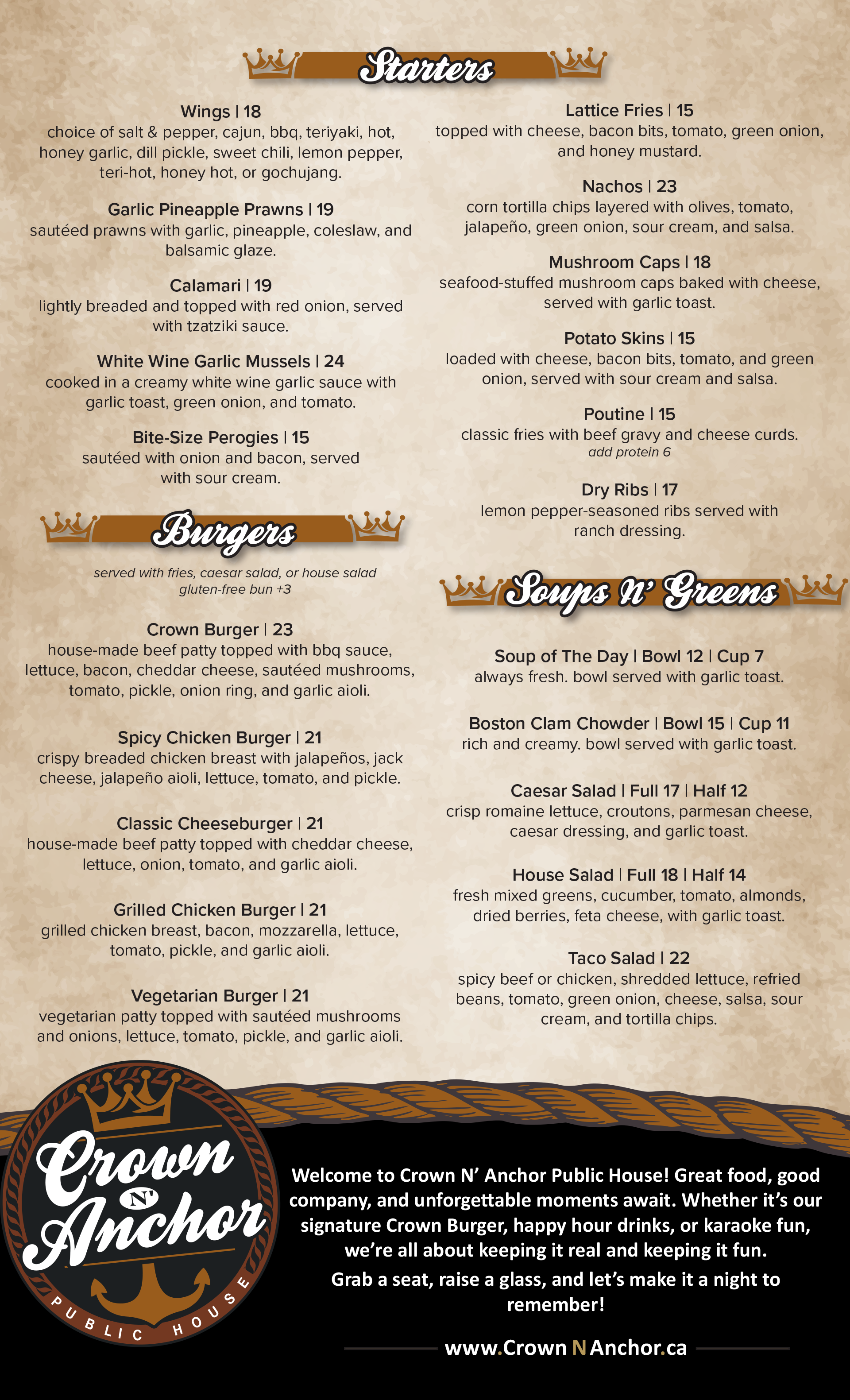 A menu for a restaurant called crown anchor