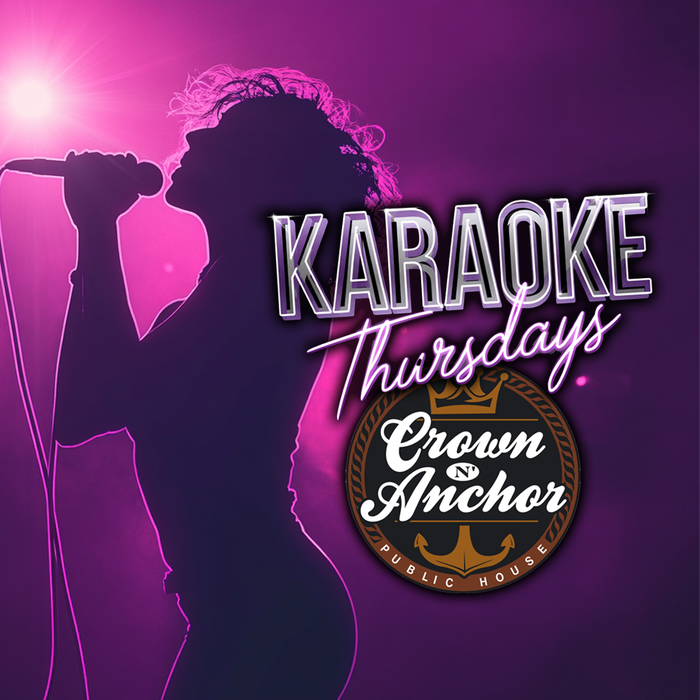 A woman is singing into a microphone on a purple background.