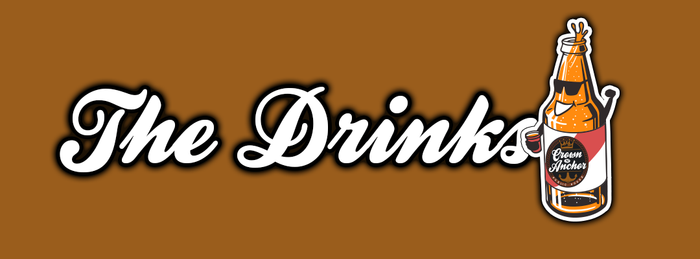 A brown background with the words the drinks and a bottle of beer