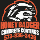Honey Badger Concrete Coatings logo: angry badger with orange outline, text "Honey Badger Concrete Coatings" & phone number.
