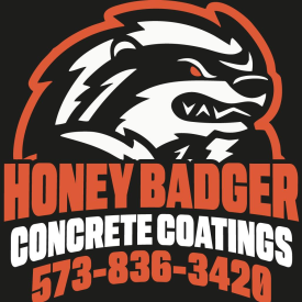 Honey Badger Concrete Coatings logo: angry badger with orange outline, text "Honey Badger Concrete Coatings" & phone number.