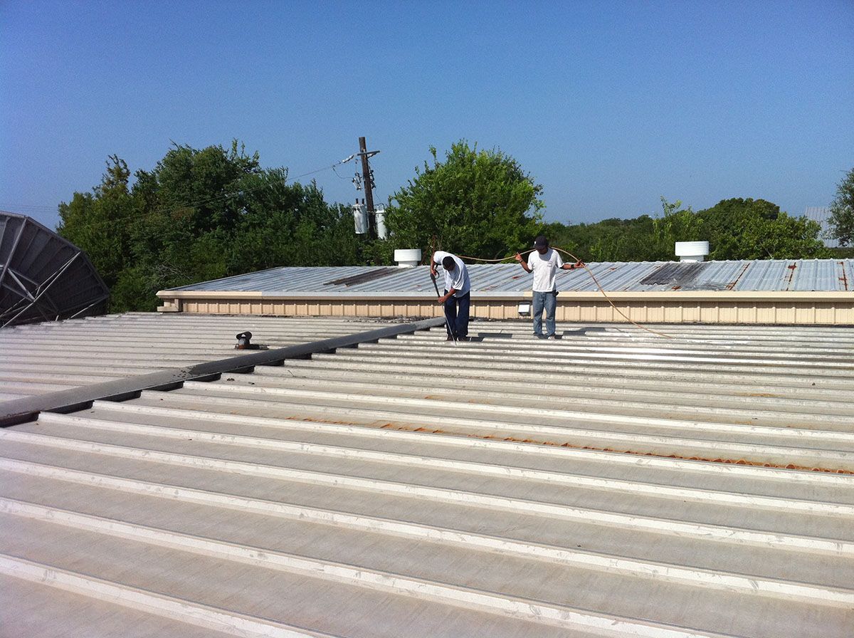 Two people on a corrugated metal roof inspecting something; trees and sky in the background.