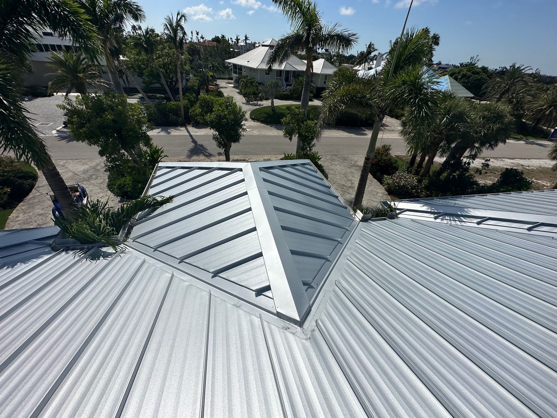 Two people on a corrugated metal roof inspecting, with trees and blue sky visible.