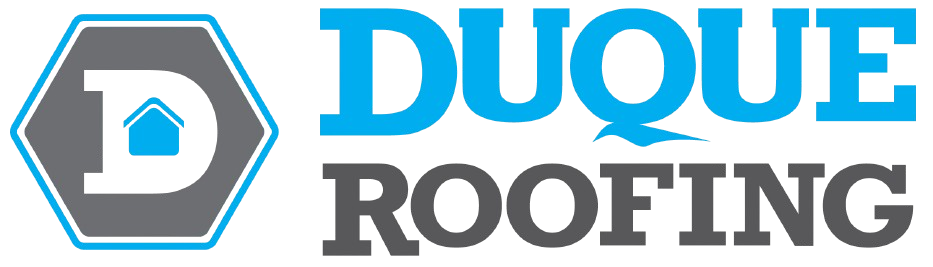 Logo for Duque Roofing: hexagon with "D" and house inside, "DUQUE" in blue above "ROOFING" in grey.