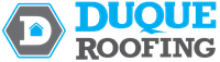 Logo of Duque Roofing. Grey hexagon with a white "D" and a blue house. "DUQUE" in blue and "ROOFING" in grey.