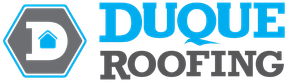 Logo of Duque Roofing. Grey hexagon with a white "D" and a blue house. "DUQUE" in blue and "ROOFING" in grey.