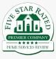 Five Star Rated Premier Company seal: green house graphic, text, five stars.