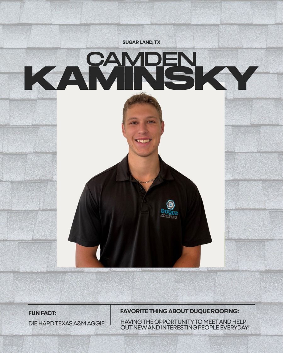 Camden Kaminsky smiling, wearing a black shirt, in front of a white frame. Text about his hobbies.
