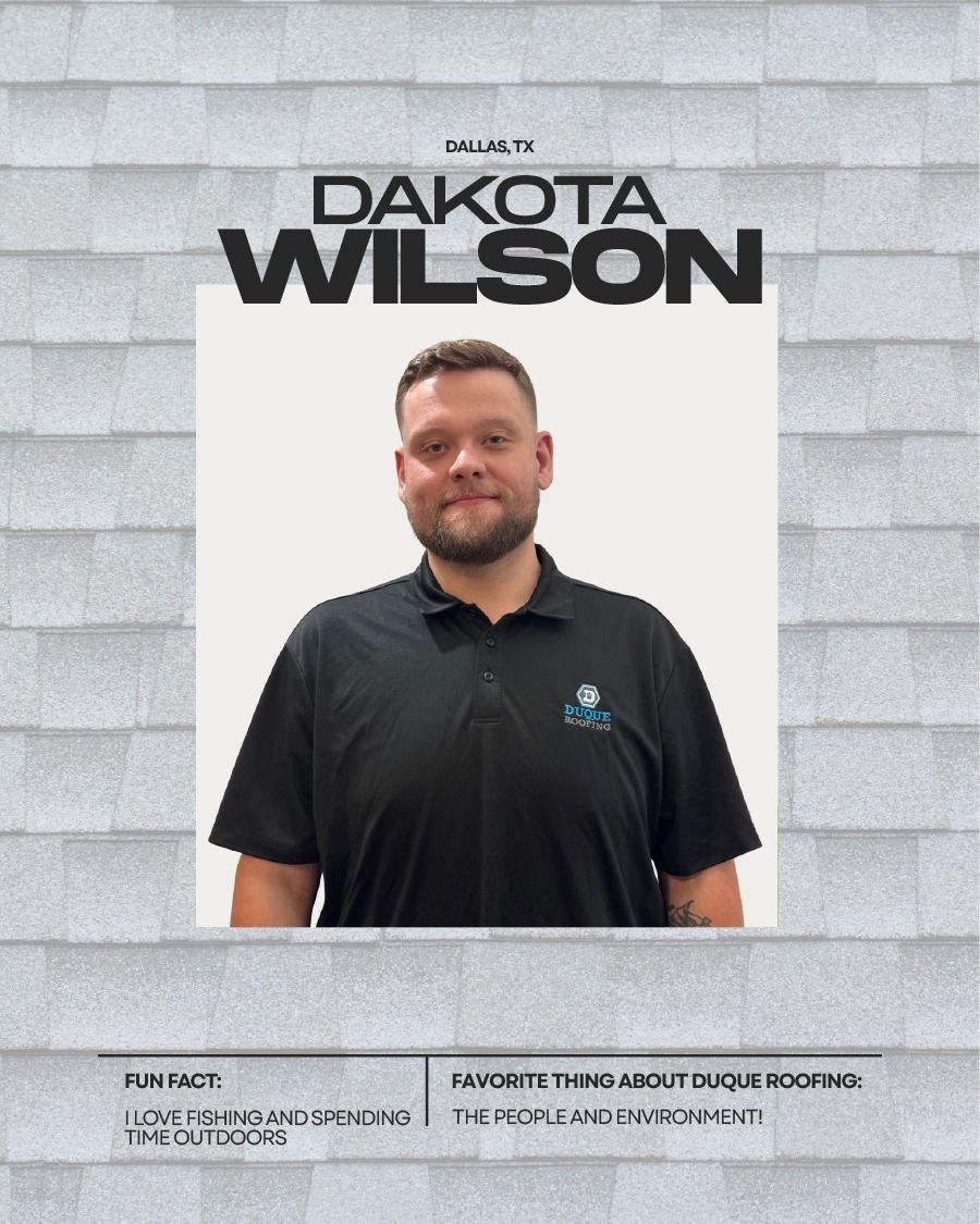 Dakota Wilson in a black polo shirt, headshot for Duct-TV. Fun fact and favorite thing about Duroc Roofing below.