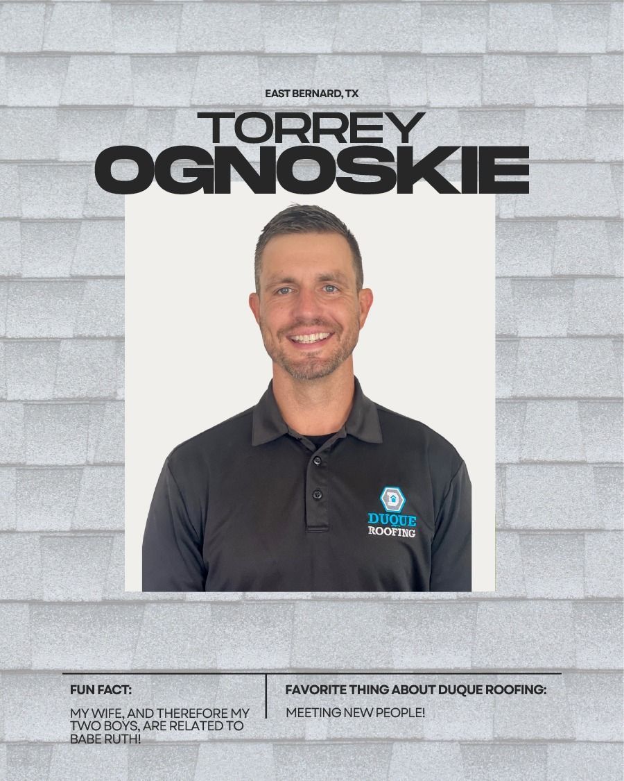 Torrey Ognoskie, smiling, wearing a black shirt with a company logo. Text: 