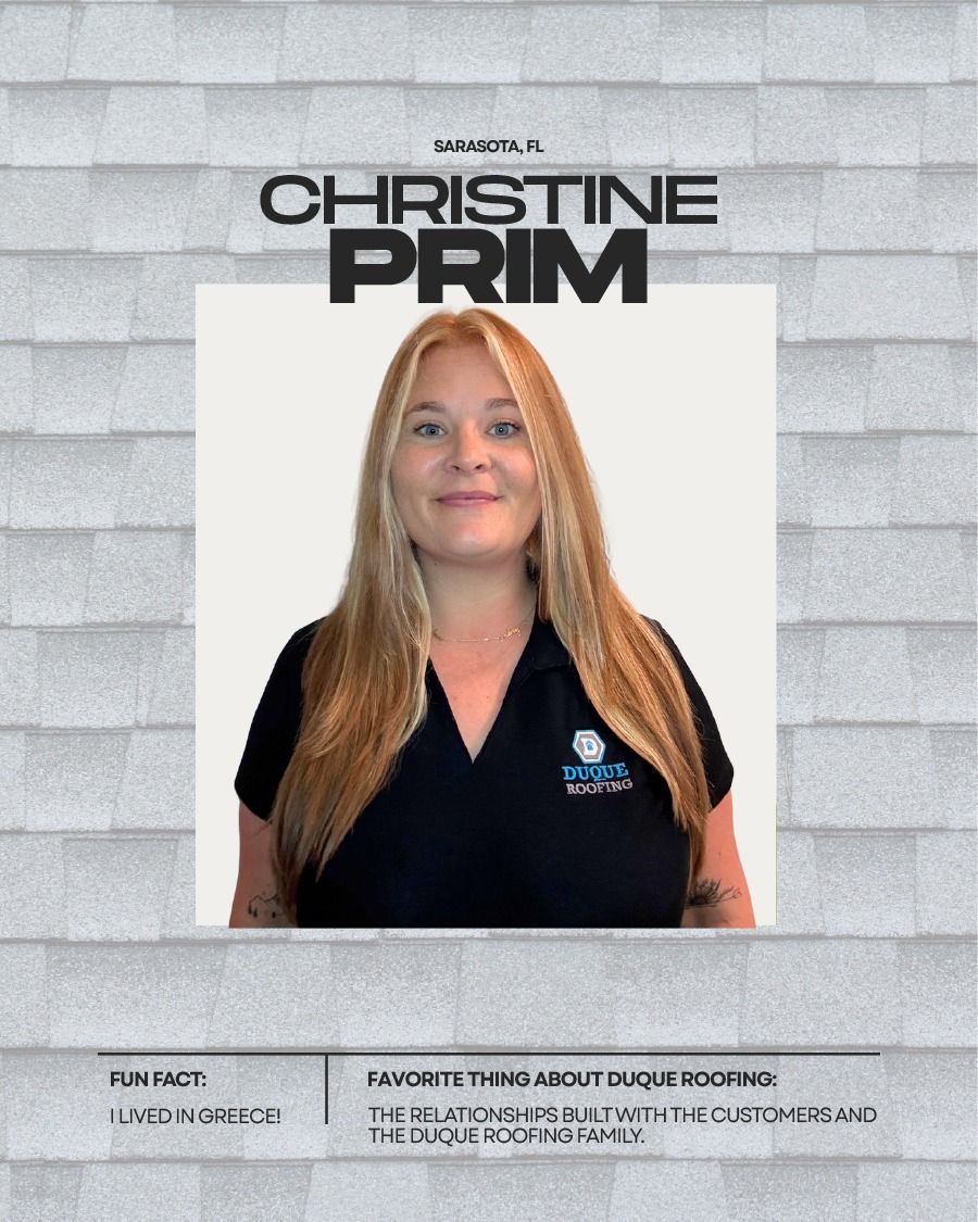 Christine Prim in a black polo shirt, with light blonde hair. Text over a light grey background.