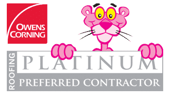 Owens Corning Platinum Roofing Preferred Contractor logo featuring Pink Panther.