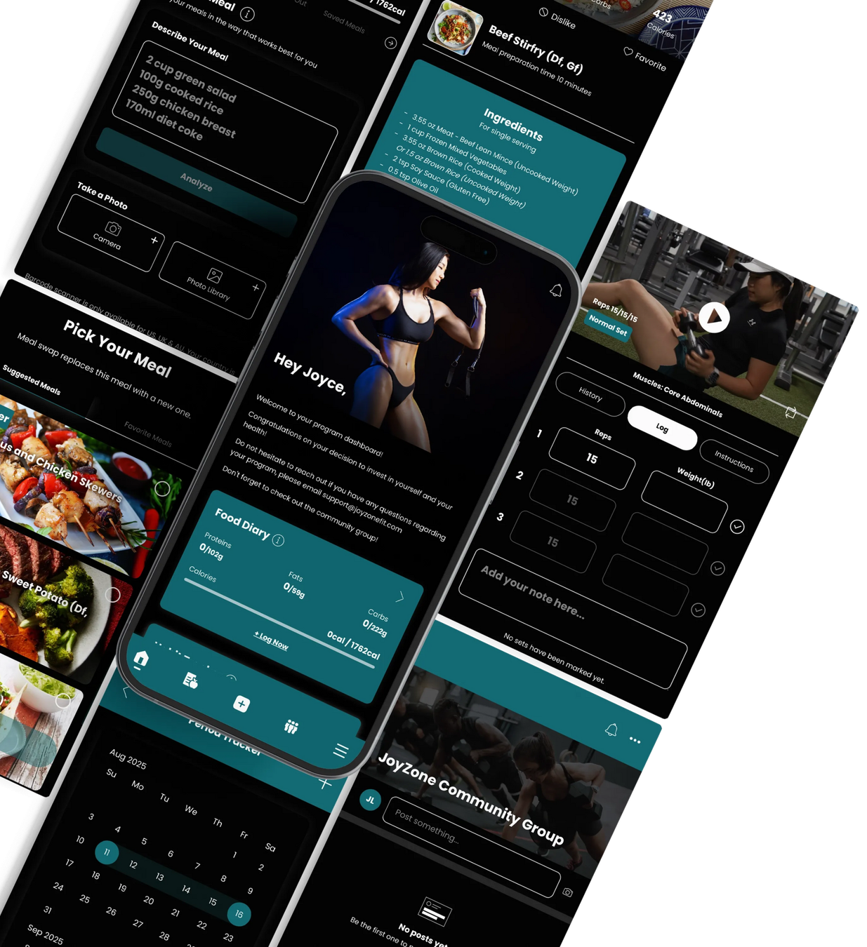 Screenshots of a fitness app on multiple phones, displaying workout and nutrition content. Dark theme with teal accents. JoyZone