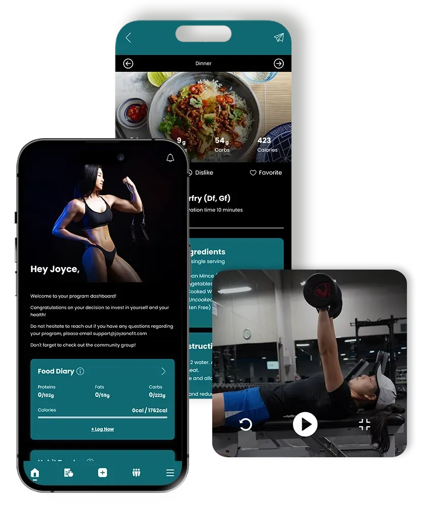 Mobile app showcasing fitness: a woman, workout videos, and meal recommendations. JoyZone