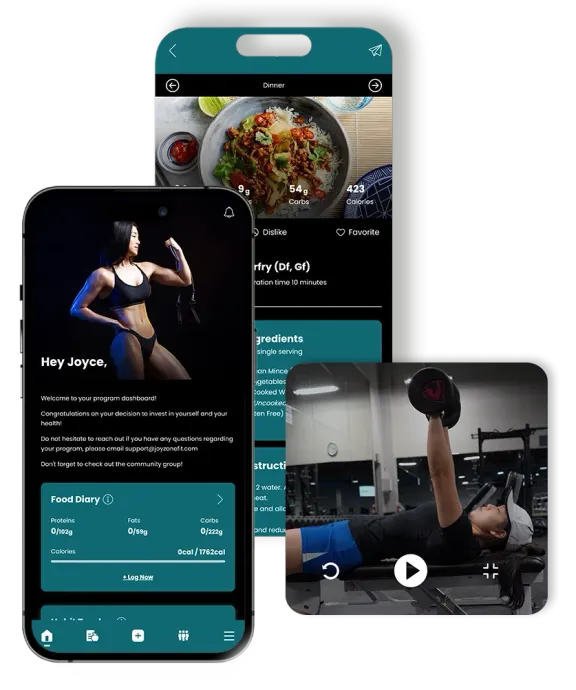 Three smartphones displaying a fitness app with a workout video and meal options; a woman in athletic wear, a weight lifting video.