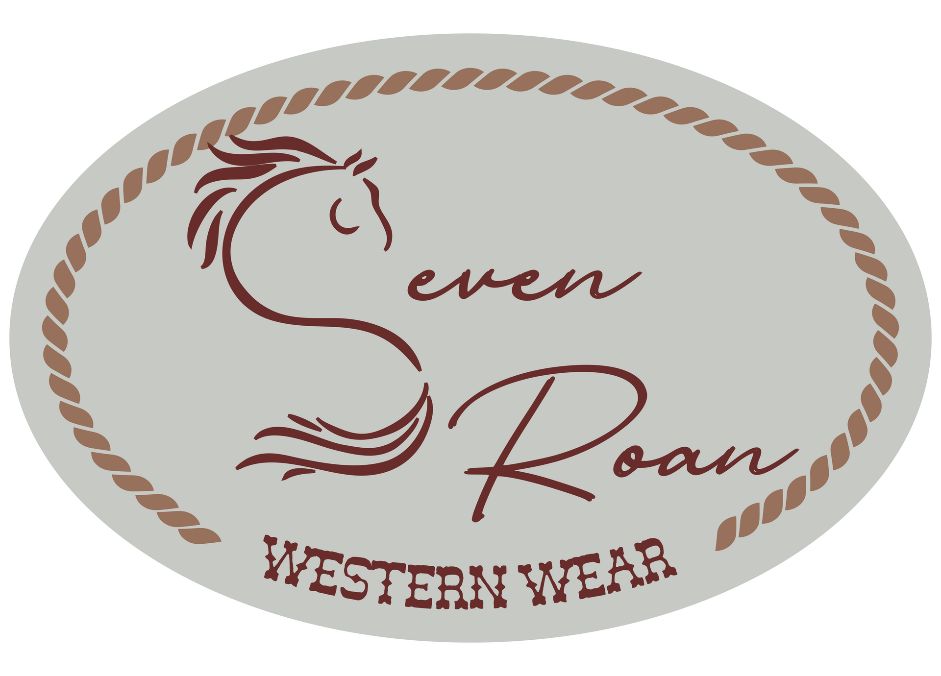 A logo for seven roan western wear with a horse on it