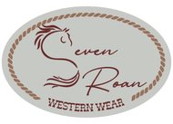 A logo for seven roan western wear with a horse on it