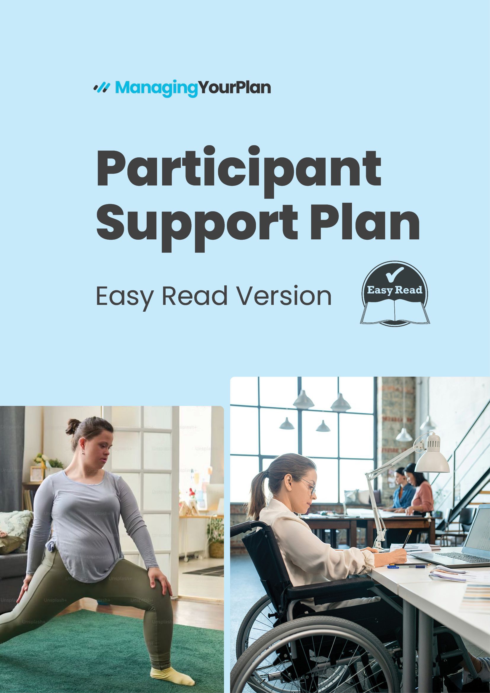 A woman in a wheelchair is doing yoga on the cover of a participant support plan.