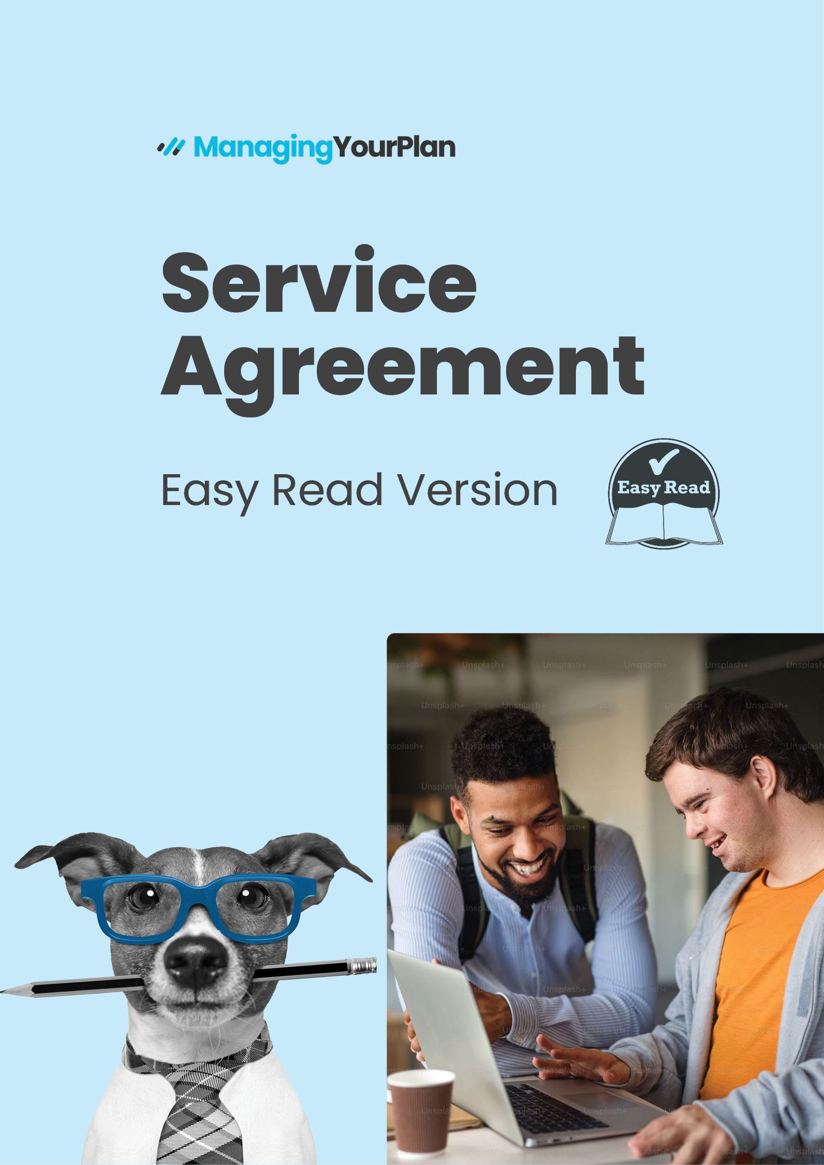 A service agreement easy read version with a dog wearing glasses and a tie.