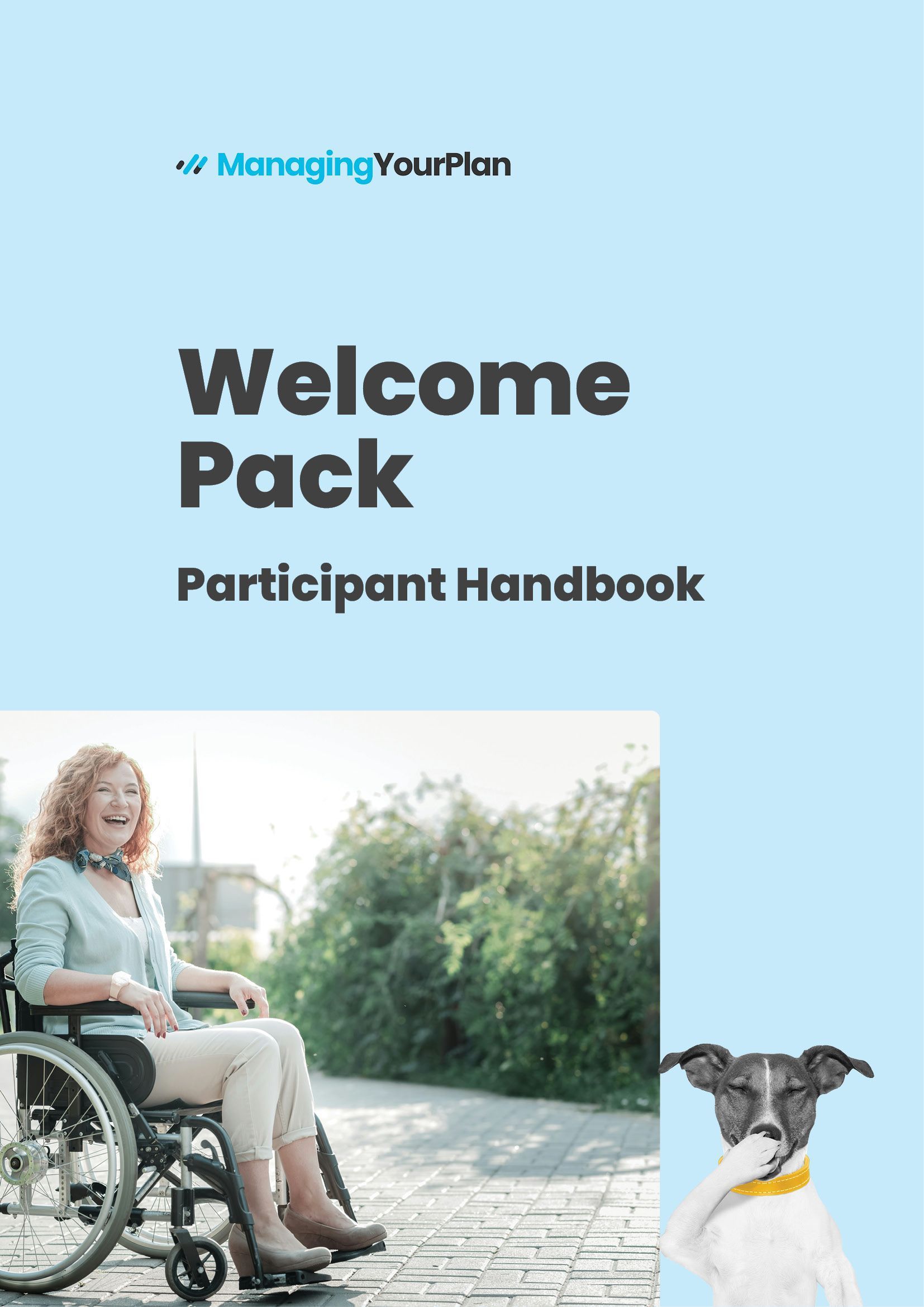 A woman in a wheelchair is sitting next to a dog on the cover of a welcome pack participant handbook.